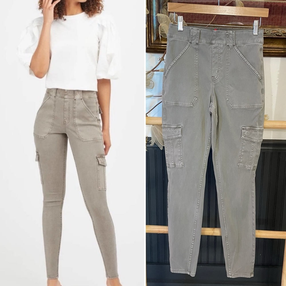 Spanx Stretch Twill Ankle Cargo Pull On Tummy Control Pants Desert Dun Sz M 💚🎀